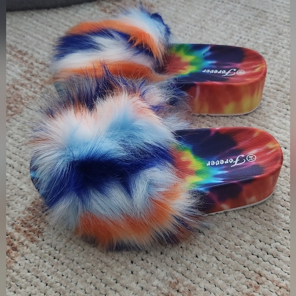 Faux Fur Tie Dye Platform Slides Blue Multi - Picture 8 of 12